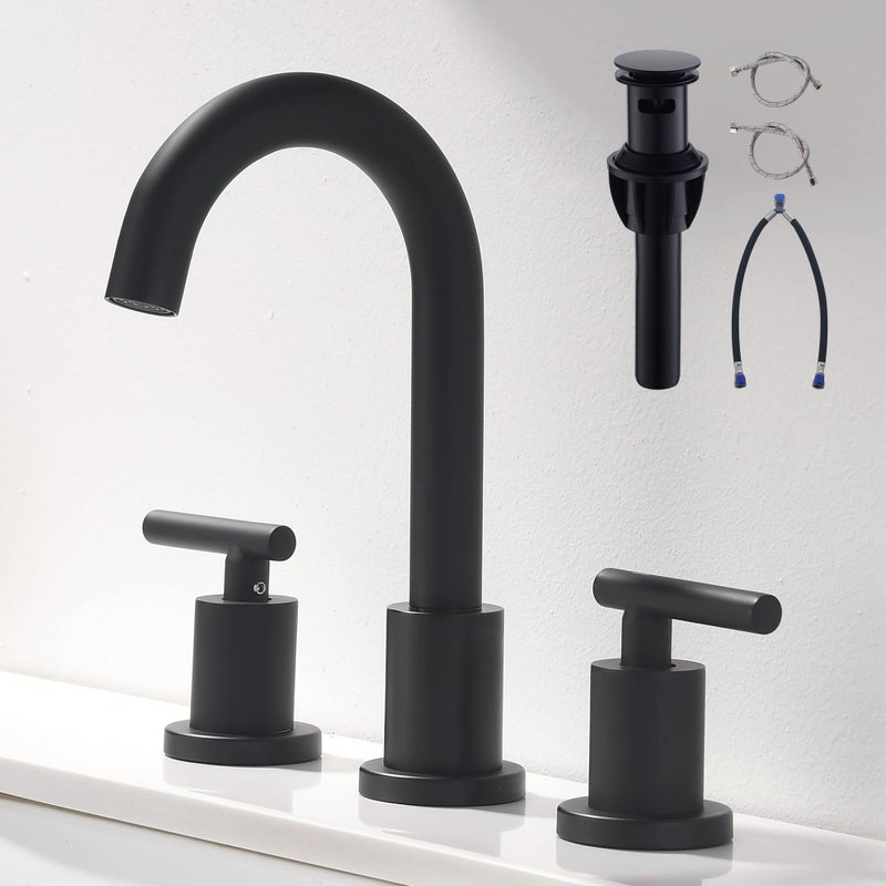 FROPO Two Handle Widespread Bathroom Sink Faucet - 3 Hole Vanity Faucet with Pop-Up Drain & cUPC Faucet Supply Lines, 8 Inch Black Bathroom Sink Faucet - Image 1